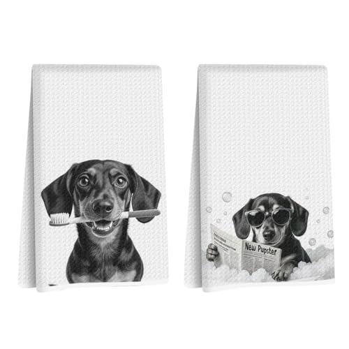 Image of 2Pcs Funny Dachshund Hand Towel for Bathroom 24x14 Inch, Cute Dog Absorbent Soft Microfiber Dish Cloth Bathroom Towel, Waffle Hand Towels for Toilet Home Decor, Dachshund Gifts