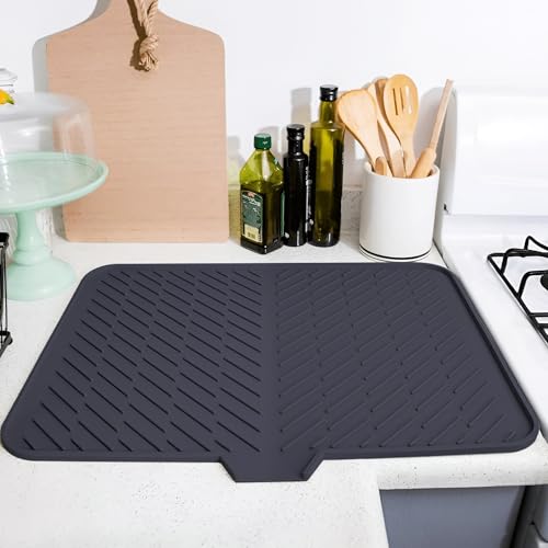 Image of HomeEssentials Silicone Dish Drying Mat for Kitchen - Built-in Drain Lip | Hygienic Drying Pad - Sturdy Compact Easy to Clean Tray Protects Surfaces Prevents Water Build Up - 23 X 17 Inches (Black)