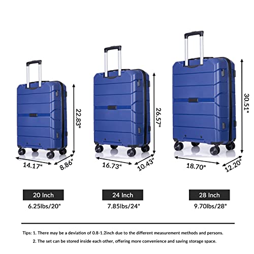 Hardshell Suitcase Spinner Wheels PP Luggage Sets Lightweight Suitcase with TSA Lock,3-Piece Set (20/24/28),Navy2