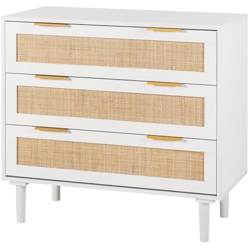 HOPUBUY Large Nightstand with Rattan Drawer, Modern 3 Drawer Night Stand for Bedroom, Wooden Bedside Table for Queen Size and King Size Bed,White