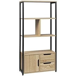 Cajones Para Estanteria Metalica WOLTU Estantería Alta Independiente de Pie para Libros, 4 baldas, con Armario y Cajones, Estante Industrial de Escalera de Flores de MDF y Metal 58x24x120cm Roble Claro RGB09hei