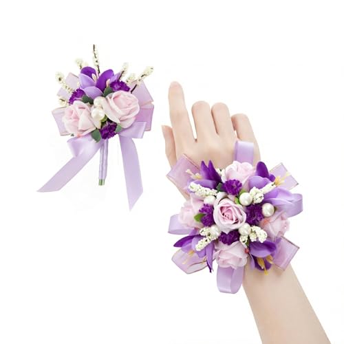 Yelinart Purple Rose Corsage and Boutonniere Set Prom Flower Wrist Corsage Wristlet Band Bracelet Boutonniere for Men Lavender Wedding Flowers Accessories Prom Suit Decorations