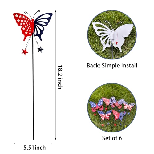 Image of 6 Pcs 4th of July Decorations Outdoor,18.2 inch Red White Blue Metal Butterfly Decorative Garden Stakes for Independence Day,Americana Patriotic Yard Signs Decor for Garden Lawn Porch