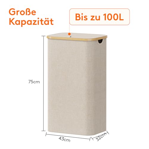 Lifewit 100L Wäschekorb mit Deckel, Wäschekörbe für Wäsche mit Bambus Griffe und Eine Abnehmbare Wäschesack, Große Faltbare Wäschekorb für Schlafzimmer, Bad, Schlafsaal, Waschküche, Beige