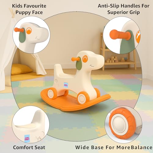 Image of Amazon Brand - Jam & Honey 3-in-1 Puppy Push On Ride On Rocker for Kids | Balancing Board | Backrest | Easy Grip | Four Wheel | Durable and Safe | Lightweight | Animal Theme | 12 Months+ | Orange