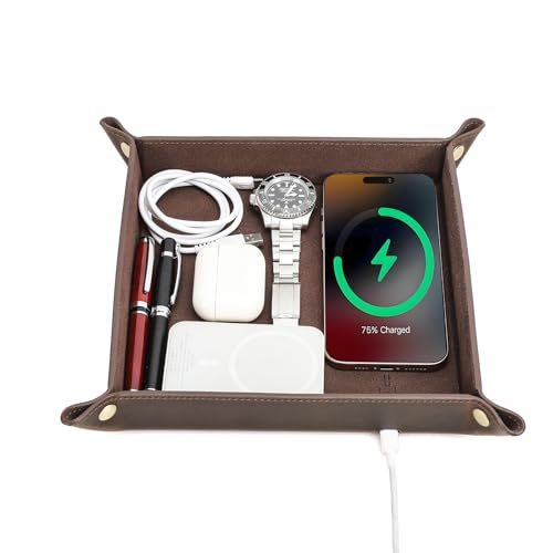 CONTACT'S FAMILY Leather Valet Tray with Wireless Charger, Nightstand Storage Organiser for Phone, Keys, Coins, Jewelry & Essentials