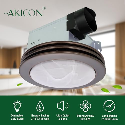 Image of Akicon Ultra Quiet Bathroom Exhaust Fan with LED Light 80CFM 2.0 Sones Round Bathroom Ventilation Fan with Frosted Glass Cover (Oil Rubbed Bronze)