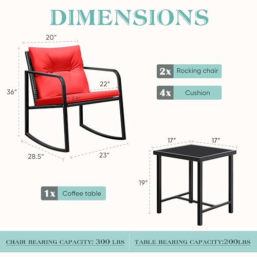 Image of Greesum 3 Pieces Rocking Wicker Bistro Set,Patio Conversation Sets,Red
