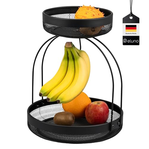 eluno 2-stöckige Obstetagere mit Bananenhalter, Brotkorb, Obstschale, Obstkorb aus schwarzem Metall, viel Platz für die übersichtliche Lagerung von Obst, Gemüse, Brot und Snacks in Küche und Wohnzimme