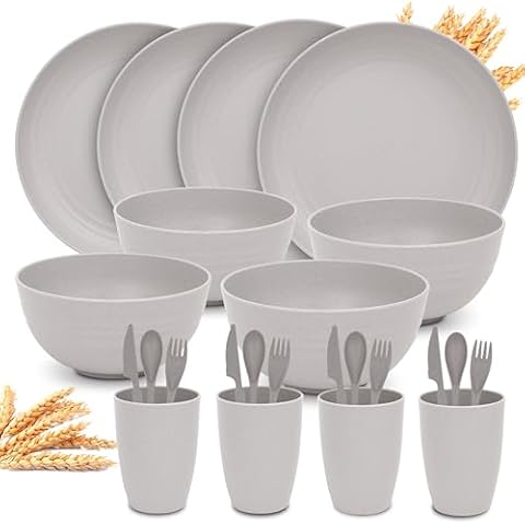 KFt Wheat Straw Dinnerware Sets for 4 (Gray, 24pc Set) Cover