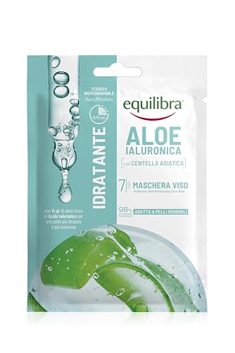 Equilibra, Aloe Ialuronica Maschera Viso Idratante, con Acido Ialuronico, Aloe Vera e Centella Asiatica, Azione Idratante, Adatta a Pelli Sensibili, Clinicamente testata, Tessuto 100% Naturale