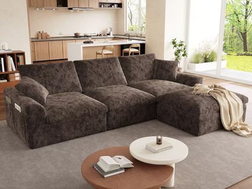POYISOU 119" Cloud Couch Sectional for Living Room, Oversized Boneless Couches with Ottoman, Convertible L Shaped 3 Seater Modular Sofa, Morden Sectional Sofa with Adjustable Backrest, Brown
