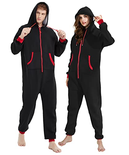 Kgromfy Adult Onesie Non-Footed Hooded Jumpsuit Family Couples Matching Pajamas Zipper Sleepwear One Piece Christmas Loungewear for Women Men Black Red Zipper-M