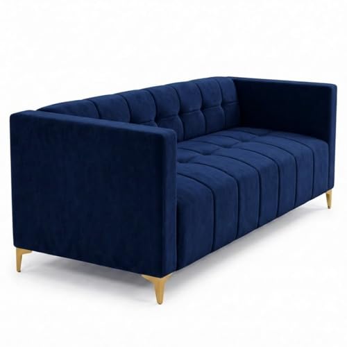 Image of FURNY Homeliving 4 Seater L Shape Sofa Set with Movable Ottoman & Golden Legs | Flexible Left or Right Layout | Plush Velvet Fabric (Dark Blue) | Perfect for Living Room, Guest Room & Office