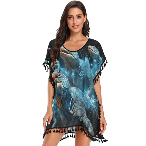 Space Flying Blue Dragons Women's Beach Cover Up Chiffon Tassel Swimwear Swimsuit Coverups for Girl
