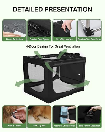 24 Inch Collapsible Travel Dog Crate for Medium Large Dogs, Portable Dog Crate 4-Door Foldable Soft Kennel with Durable Mesh Windows for Indoor & Outdoor Travel, with Storage Bag,Black - Image 6