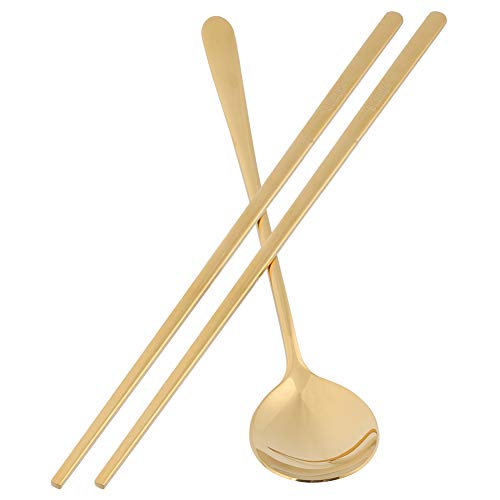 304 Stainless Steel Spoon and Chopsticks, Flat Handle Chopsticks and Spoon Set with Gift Box, Korean Tableware Set for Home Kitchen, Restaurant (Gold)