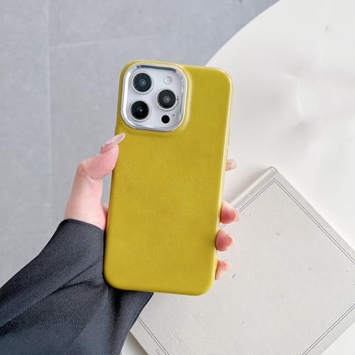 Coque iPhone 16 Pro en cuir rétro de qualité premium avec protection de lentille en métal jaune