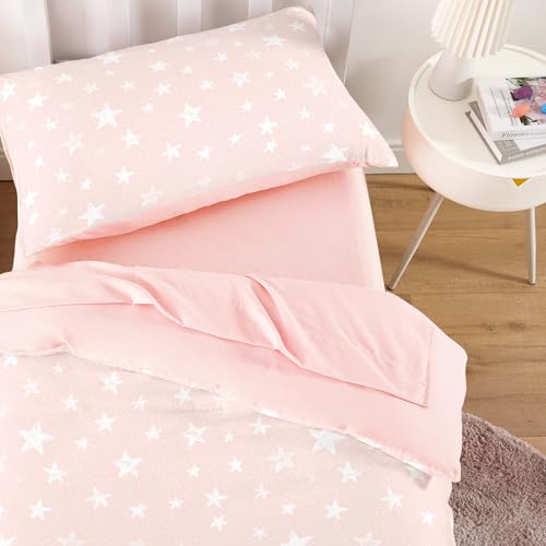 Image of Wake In Cloud - Toddler Bedding Set for Boys Girls, Cute Star Polka Dot, 4 Pieces Soft Crib Bed Set Including Comforter, Sheets and Pillowcase, Light Pink