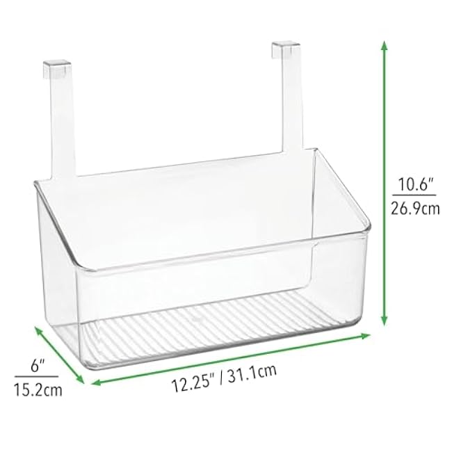 mDesign Plastic Over Cabinet Door Storage Organizer Bin for Kitchen, Pantry, Bathroom, Laundry, Utility Room - Hang Outside or Inside Door - Holds Lunch Bags, Shampoo, Cleaning Supplies, Large - Clear
