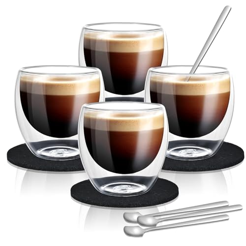 Cieex Lot de 4 Tasse Expresso de 80ML Tasse à Café Double Paroi Soufflé à la Main avec Cuillères et Dessous de Verre en Feutre - Lave Vaisselle