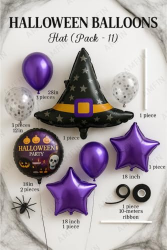Image of AMFIN (Pack of 11) Halloween Balloon Decoration Set - Hat Foil Balloon, 2 inchHalloween Party inch Round Balloons, 2 Purple Star Balloons - Spooky Party Supplies for Kids & Adults