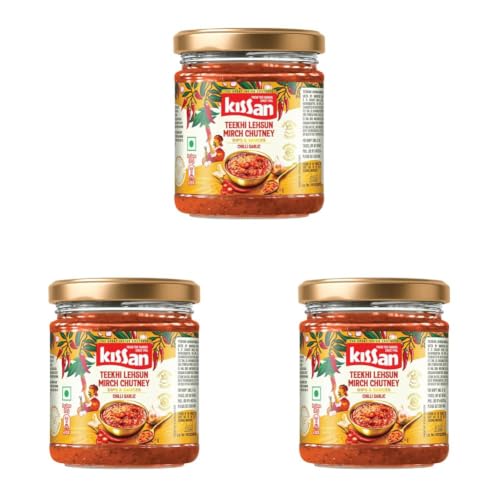 Image of Kissan Teekhi Lehsun Mirch Chutney, 200g, For Traditional Spicy Flavors, With Mathania Red Chillies & Fresh Whole Garlic, Silbatta Like Texture, Sourced From Indian Farms, Ready to Eat (Pack of 3)