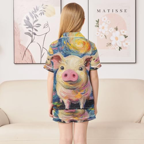 ALAZA Starry Sky Pig Van Gogh Satin Pajamas Set Short Sleeve Button Down Sleepwear Summer Pjs 2 Piece4