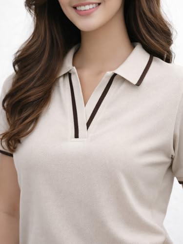 Image of JUNEBERRY Women's Regular Fit Lycra Polo T-Shirt withV- Neck Plain Contrast Piping Collar, Short Sleeves, Soft Fabric for Everyday Comfort (Sizes S to 2XL)
