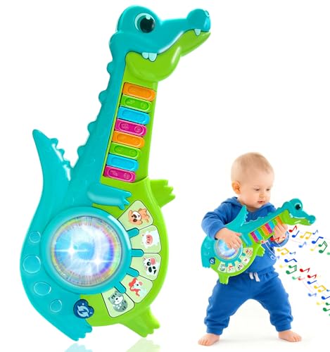 Felicify Guitarra Juguete, 2 en 1 Guitarra Infantil, Juguete de Instrumento Multifuncional, Guitarra con Música & Luz, Instrumentos Musicales para Niños Niñas (Cocodrilo)