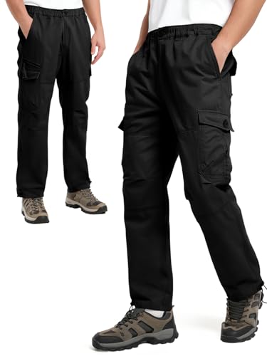 Aotoyou Cargohose Herren Wanderhose Baumwolle Outdoorhose mit 7 Taschen und Gummizug Arbeitshose Männer Lang Trekkinghose Taktische Hose Schwarz XXL