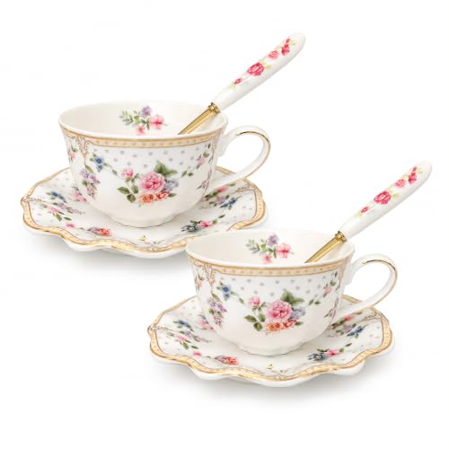 Noviko Floral Teacup and Saucer Set Vintage Porcelain Tea Cup, 7 oz
