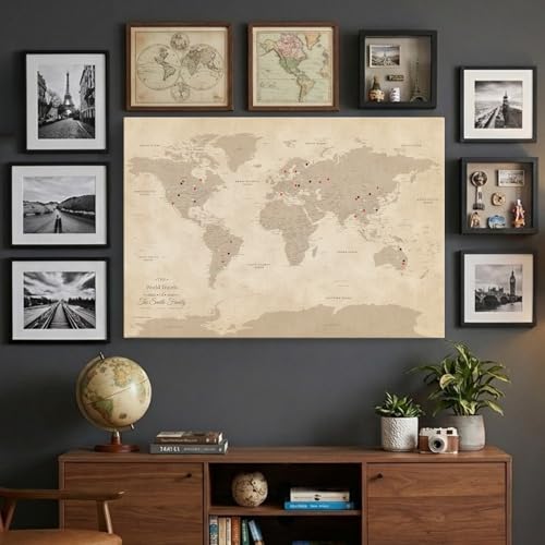 Image of Vintage Canvas Travel Pin Map of the World - Extra Large Antique Style World Map with Pins - Personalized Framed Wall Art - Gallery Wrap - 34 inch x 51 inch