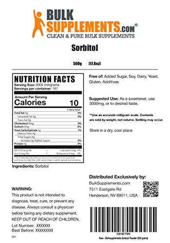 Bulksupplements.com Sorbitol Powder - Sugar Substitute For Baking - Keto Sugar Substitutes - Low Calorie - Sugar Alternative - Keto Friendly Food - Artificial Sweeteners (500 Grams - 1.1 Lbs) #TOP1