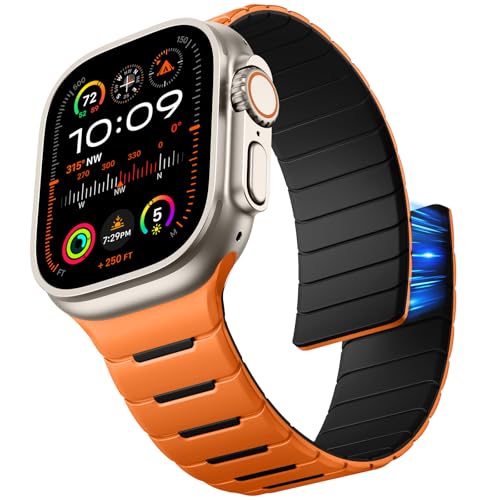 Bracelet magnétique en silicone orange et noir pour Apple Watch Ultra 49mm et iWatch SE