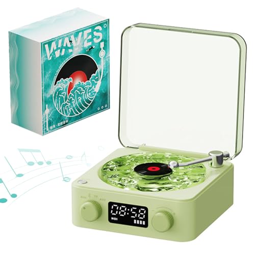 Lindas Ondas de Altavoces Vinyl Mini Player de Disco 6x6.3x2.9 Cuatro portátiles Player Vintage Inalámbrico con Pantalla LED Recargable Altavoz táctil fácil para la Oficina del Dormitorio, Verde, min