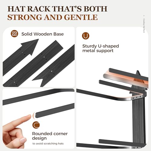 Cowboy Hat Rack for Wall, Cowboy Hat Holder Wall Mount Holds up to 6 Hats, Wooden Western Rustic Metal Hat-Organizer with Arrow Sign Board, Display and Decor Rack for Fedora, Sun Hats,Baseball Caps - image 2