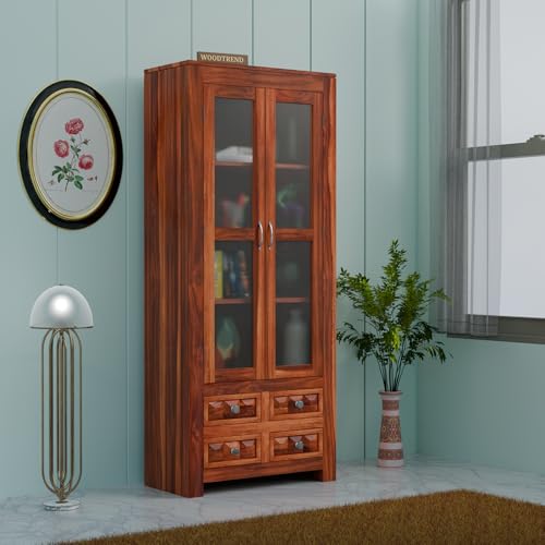Image of Wood Book Shelf with Glass Door, Wooden Bookshelf for Home Library, Kitchen Crockery Cabinet, Study Room Furniture, Books Rack, Book Stand, BookCases, Bookshelves (Natural Finish)