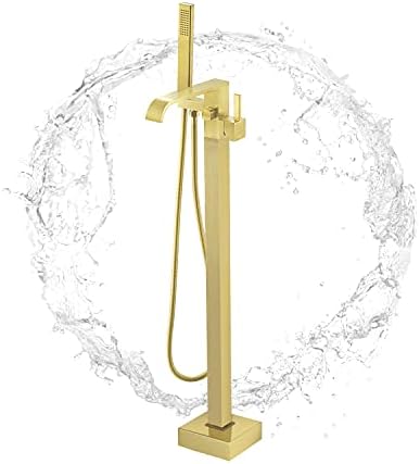 Kalog Single Handle Freestanding Tub Filler Floor Mount Bathtub Faucet with Square Handheld Shower (Brushed Gold-F)