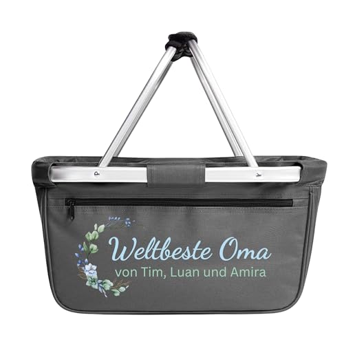 Einkaufskorb personalisiert mit Wunschtext – Geschenk für Oma mit Blumenmotiv – personalisiertes Geschenk für Frauen – Weltbeste Oma Korb – Praktisches Geburtstagsgeschenk Oma (anthrazit)