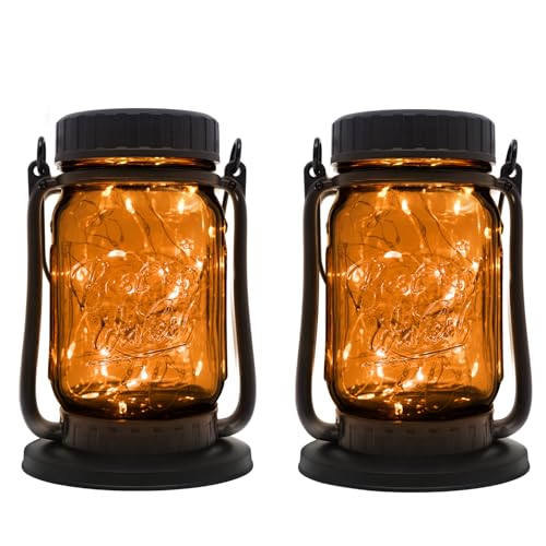 Mason Jar Lights - Solar Lantern Outdoor Waterproof, Hanging Solar Lights for Outside, Halloween, Fairy Twinkle Glass Decorative Lamp for Yard, Patio, Garden, Porch, Table, Wedding, Pack 2