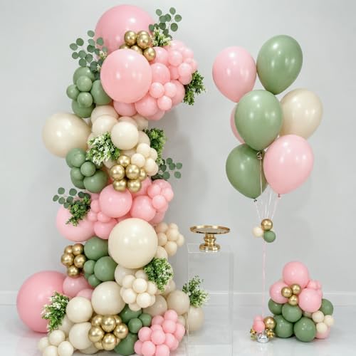 Image of Pink and Green Balloons, 12 Inch Sage Green and Light Pink Gold White Balloons for Easter Birthday Bridal Shower Baby in Bloom Baby Shower Decorations