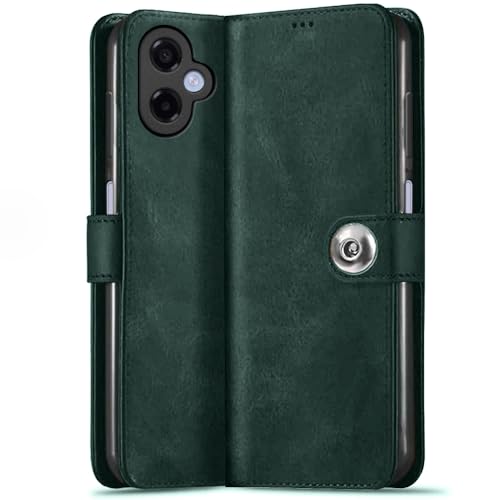 Image of TheGiftKart Flip Cover Back Case for Samsung Galaxy M17e 5G / A07 / F70e / A07 5G | Genuine Leather Finish | Designer Button | Inbuilt Pockets & Stand | Flip Back Cover Case (Faux Leather, Green)