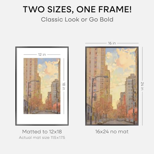 Image of Homeforia 16 x 24 Picture Frame Black, High End Metal 24x16 Poster Frame, 16 x 24 Black Frames Matted to 12 by 18 inch Print, 24by16 Thin Frame with Mat 12x18 Photo, Tempered Glass, Wall Kit, Set of 4
