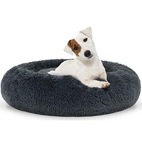 Soft Round Calming Dog Beds for Medium Dogs Washable Plush Pet Bed Donut Cuddler Cushion Dark Grey,23''
