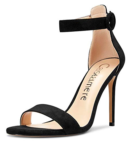 Castamere Escarpins Femme Bout Ouvert Sandales Bride Cheville Aiguille Talon 10CM Noir Suède Chaussures EU 45