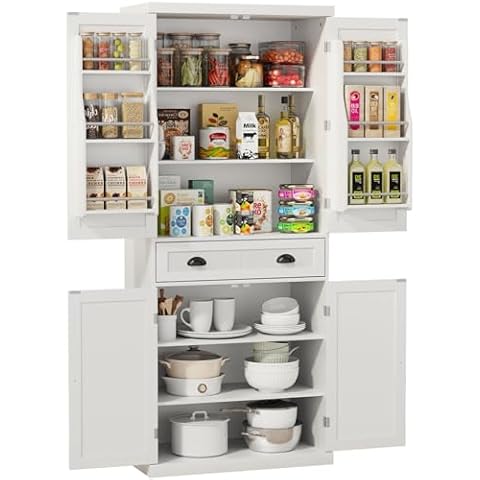 HOME BI Kitchen Pantry Cabinet, 72'' Tall Kitchen Storage Cabinets with Doors, Drawer and Adjustable Shelves, Freestanding Large Food Wooden Cupboard Buffet for Dining Living Room Bathroom, White Cover