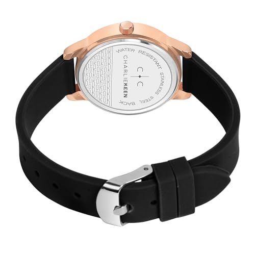 Image of CHARLIEKEEN Women's Elegant Watch with Rose Gold Case, Silicone Band, Crystal Accents, Analog Display
