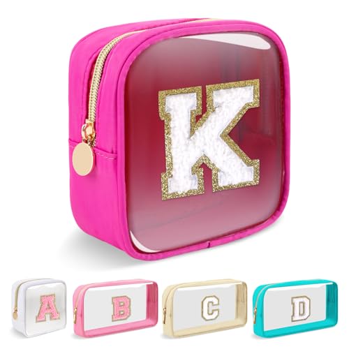 Mini Clear Personalized Initial Makeup Bag,Nylon Preppy A-Z Chenille Letter Patch Zipper Cosmetic Bag, Small Cute Beach Pouch Travel Purse Sanitary Napkin Storage Bag for Women Girls(Hot Pink-White K)