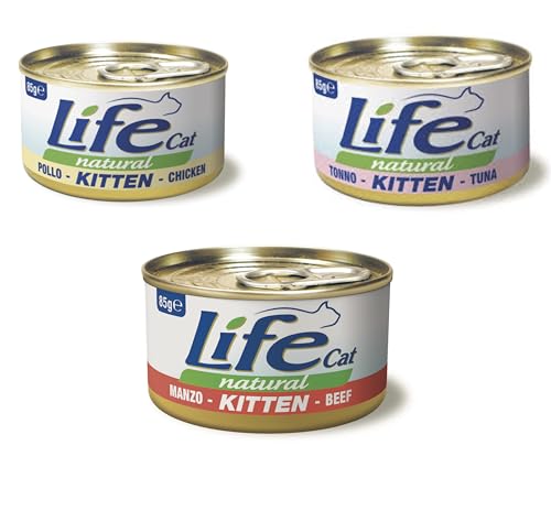 Life Cat Natural Kitten Gusti Misti, Cibo Umido per Gattini, Pollo Tonno Manzo, 6 scatolette da 85g l'uno